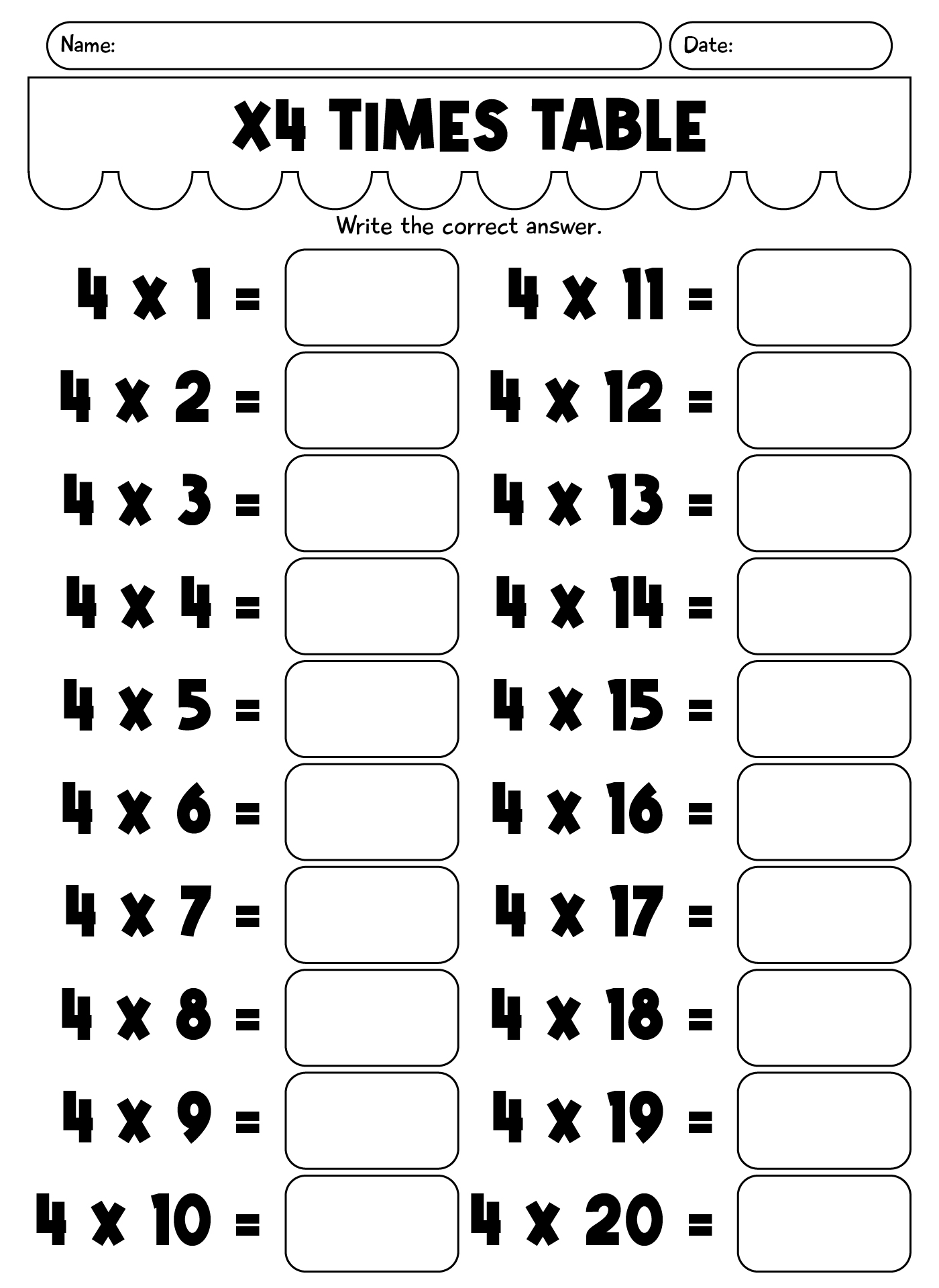 X4 Times Table Worksheet Printable