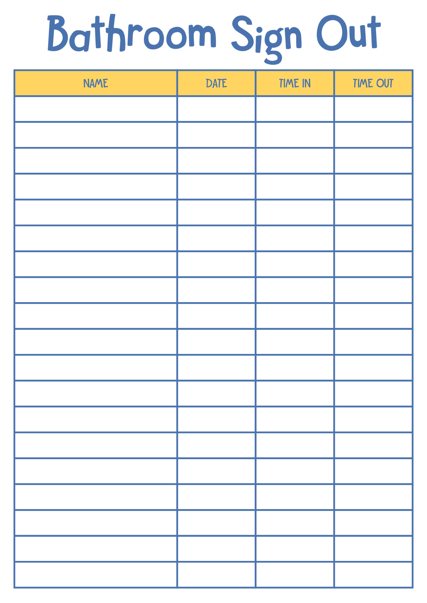 Bathroom Sign Out Sheet for Classroom Use Printable Bathroom Sign Out Sheet for Classroom Use Printable