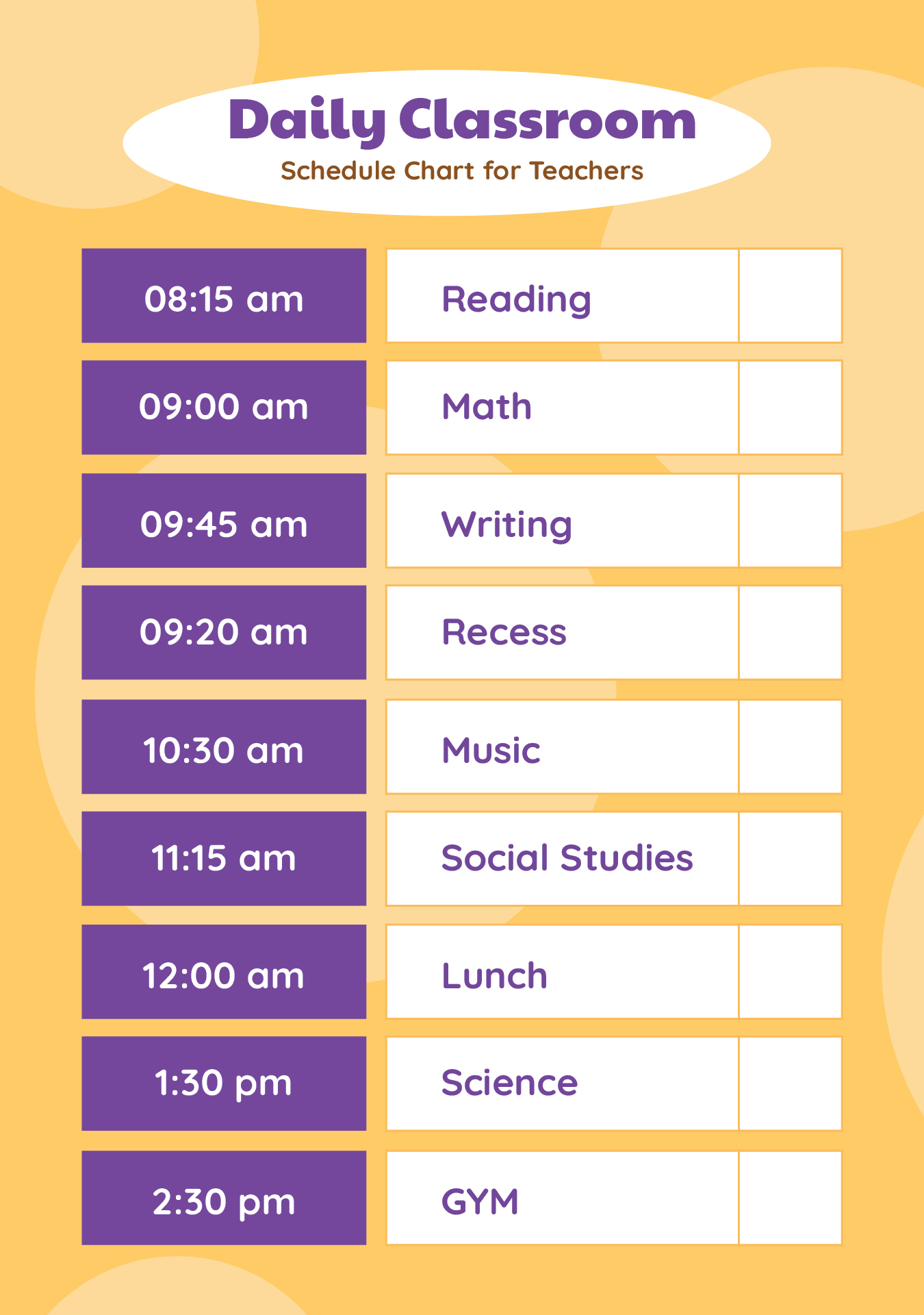 Daily Classroom Schedule Chart for Teachers