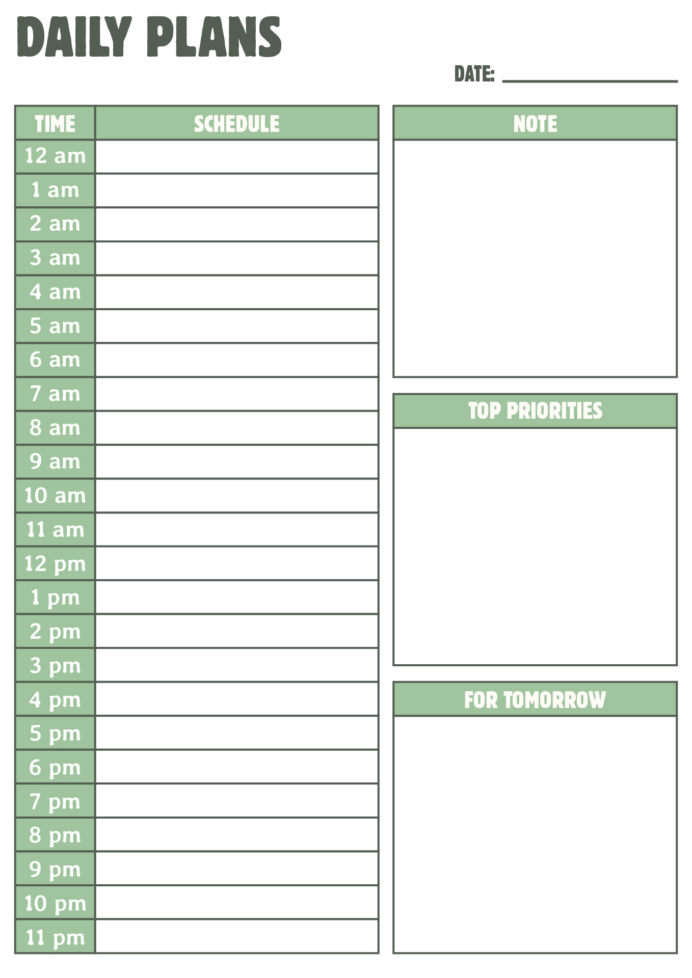Daily Hour-by-Hour Schedule Printout