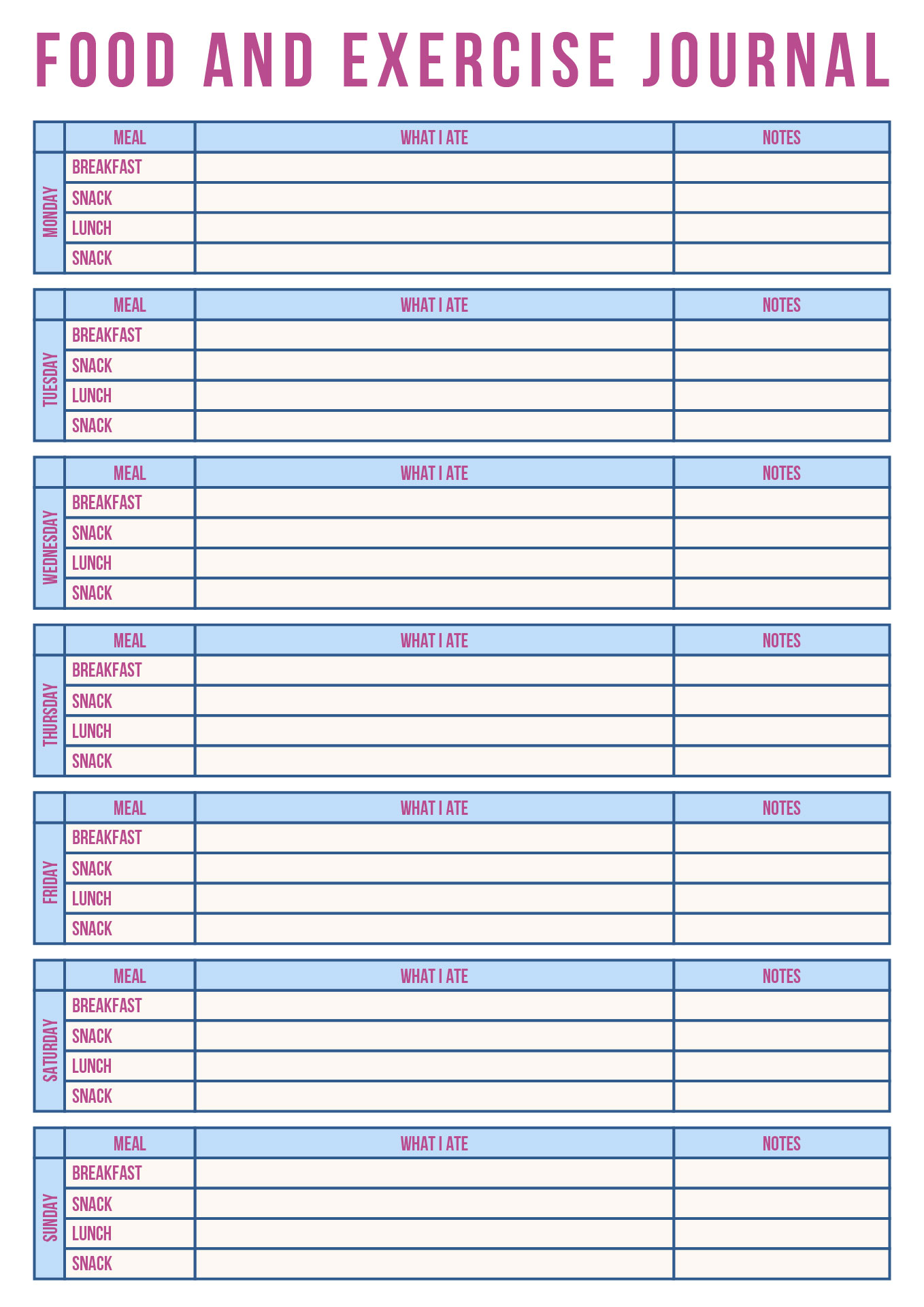 Nutrition and Exercise Journal Printable Nutrition and Exercise Journal Printable