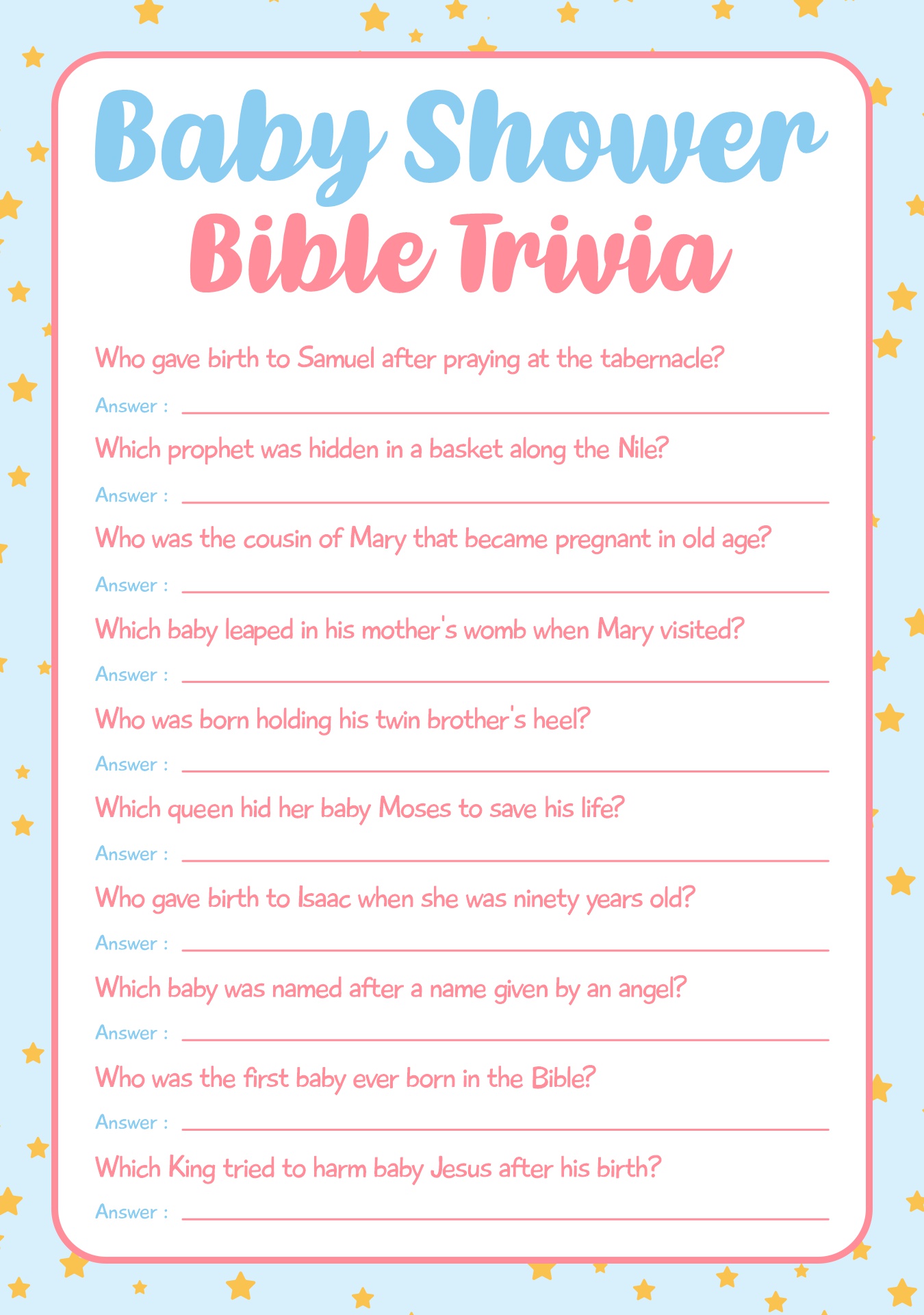 Printable Baby Shower Bible Trivia