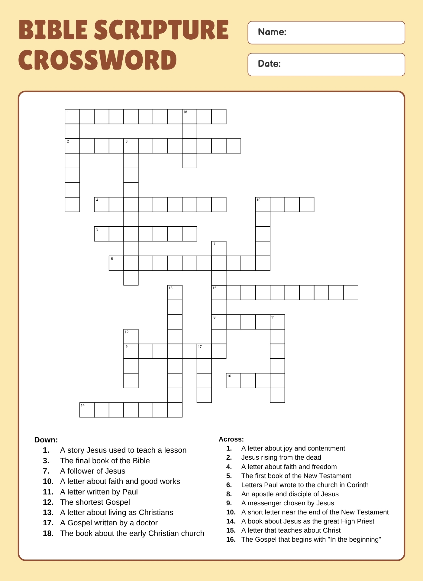 Printable Bible Crossword Puzzle for Kids