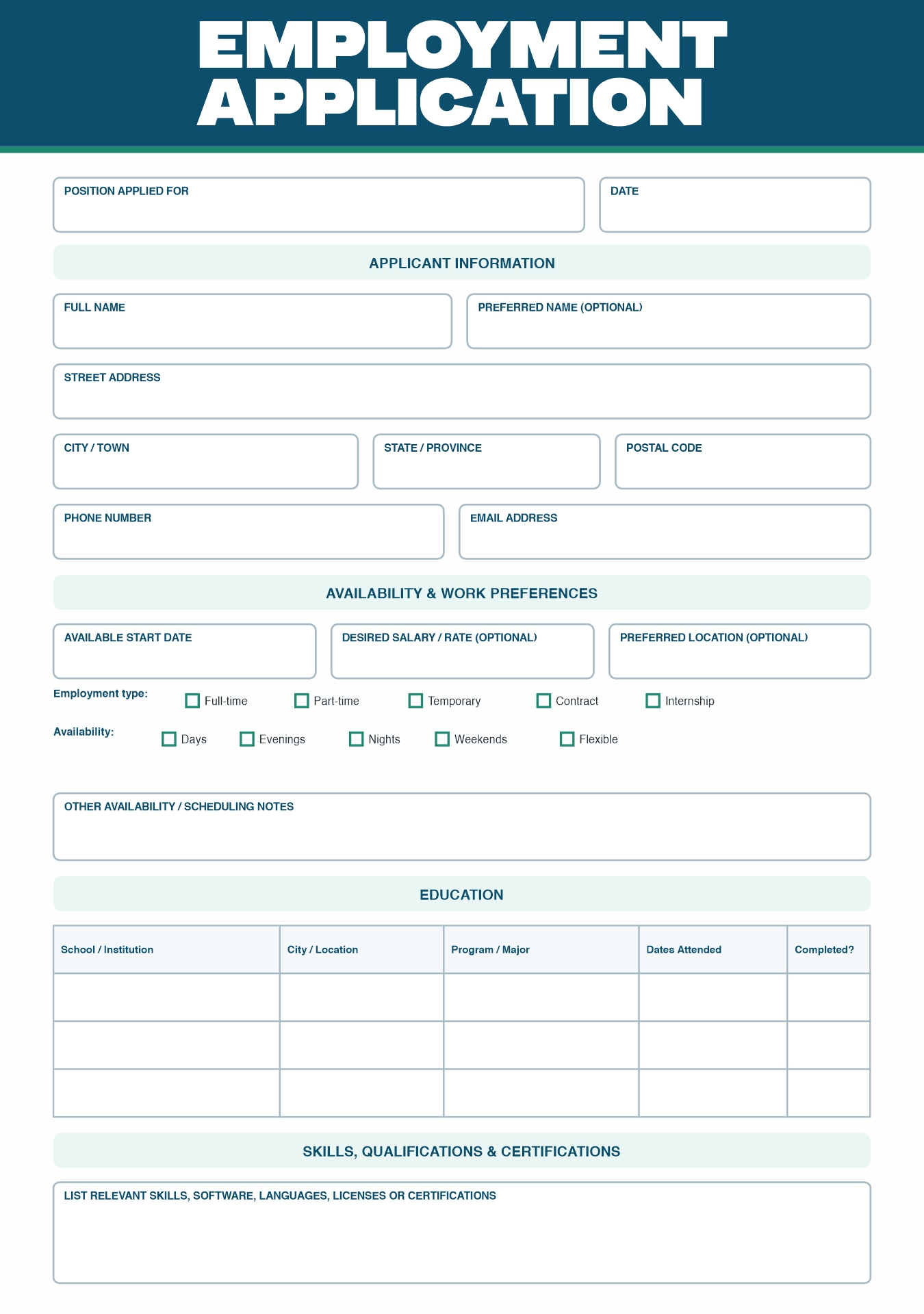 Printable Blank Employment Application PDF Printable Blank Employment Application PDF
