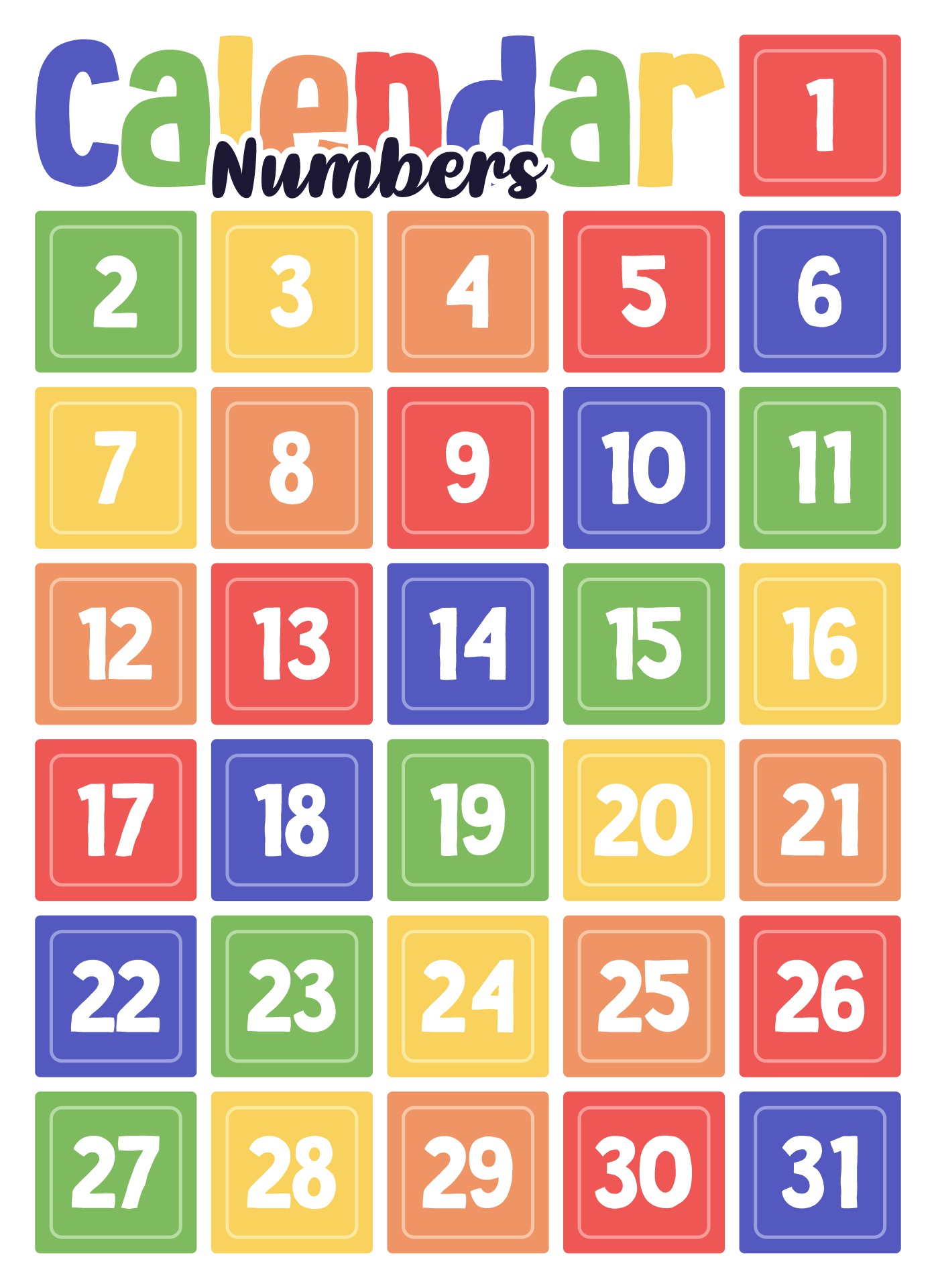 Printable Monthly Calendar Numbers