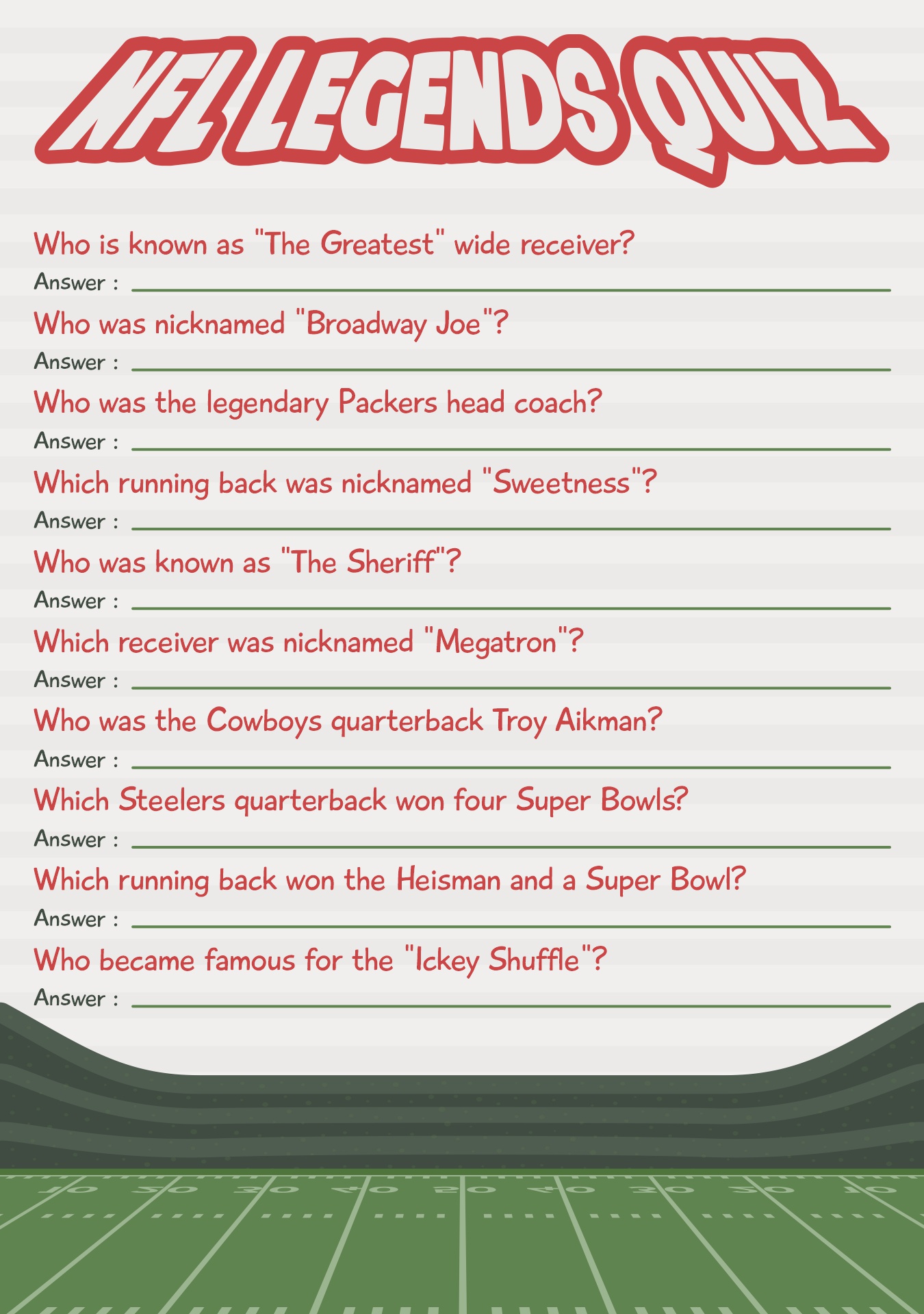 Printable NFL Legends Trivia Quiz Sheets Printable NFL Legends Trivia Quiz Sheets