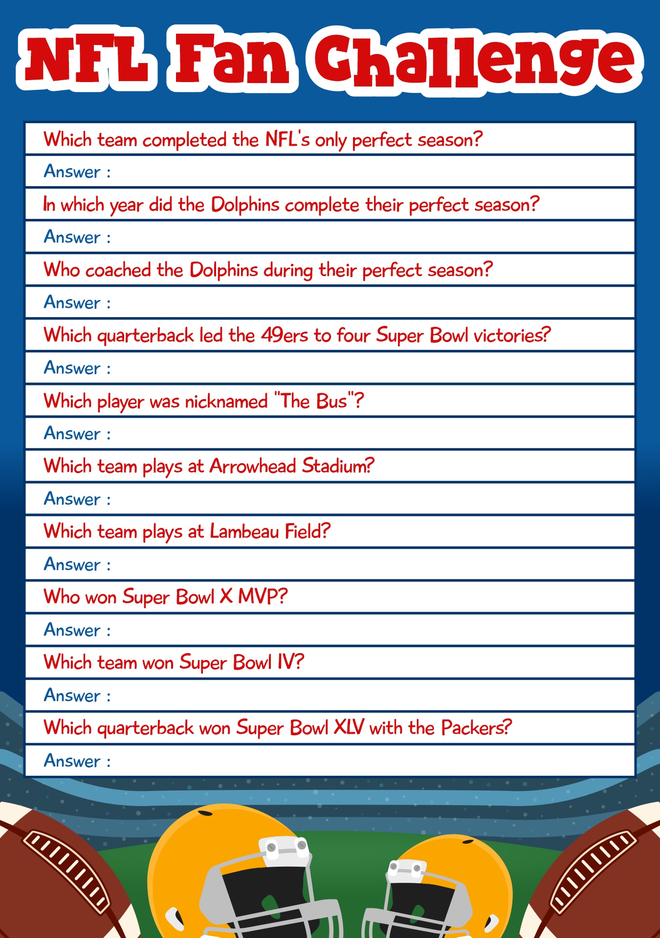 Printable NFL Trivia Challenge for Sports Fans Printable NFL Trivia Challenge for Sports Fans