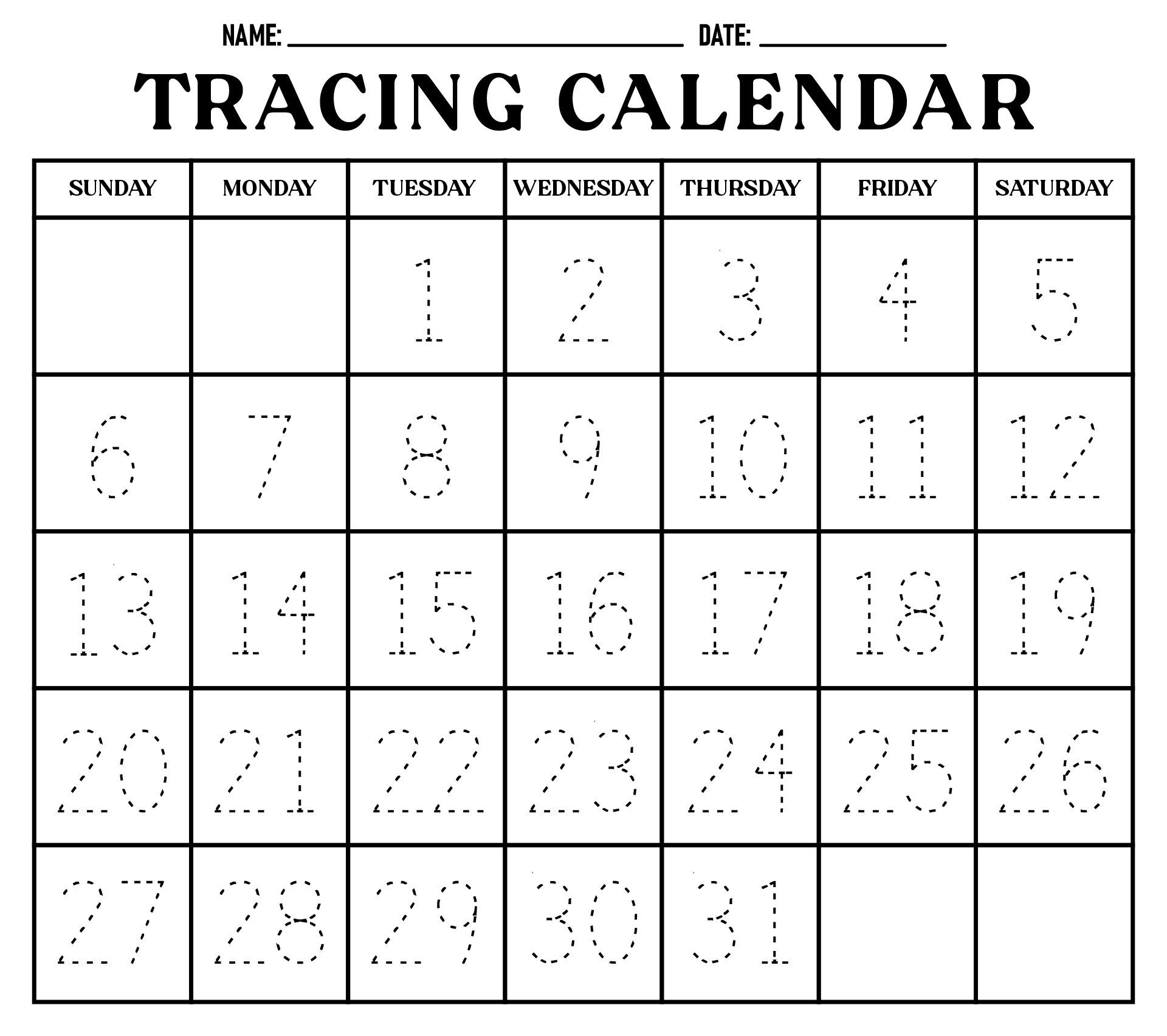 Printable Tracing Calendar Months