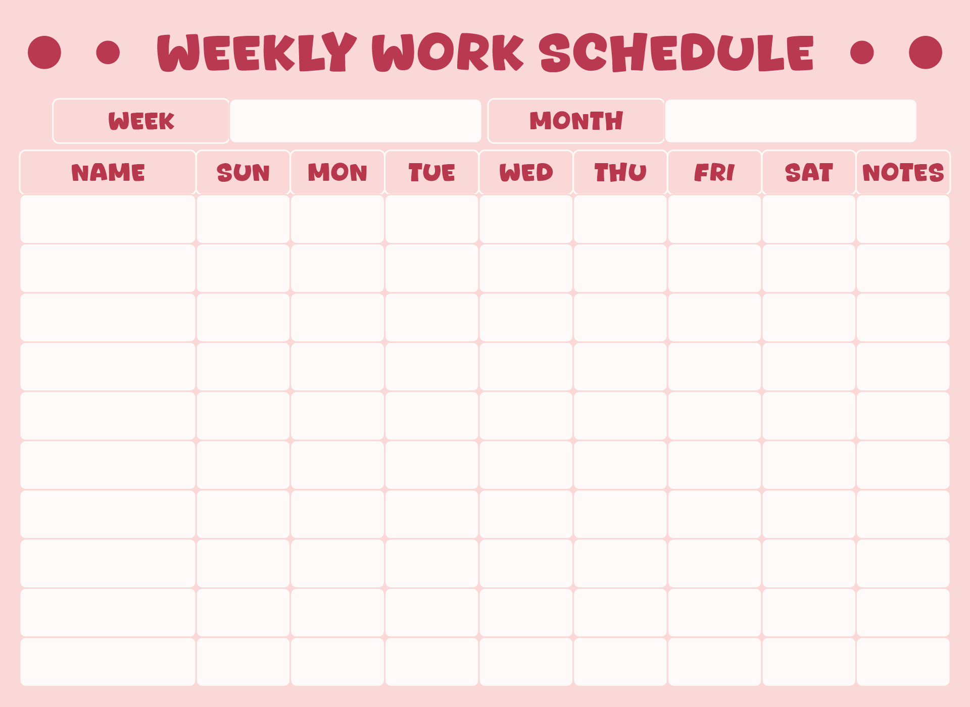 Printable Weekly Work Schedule Printable Weekly Work Schedule