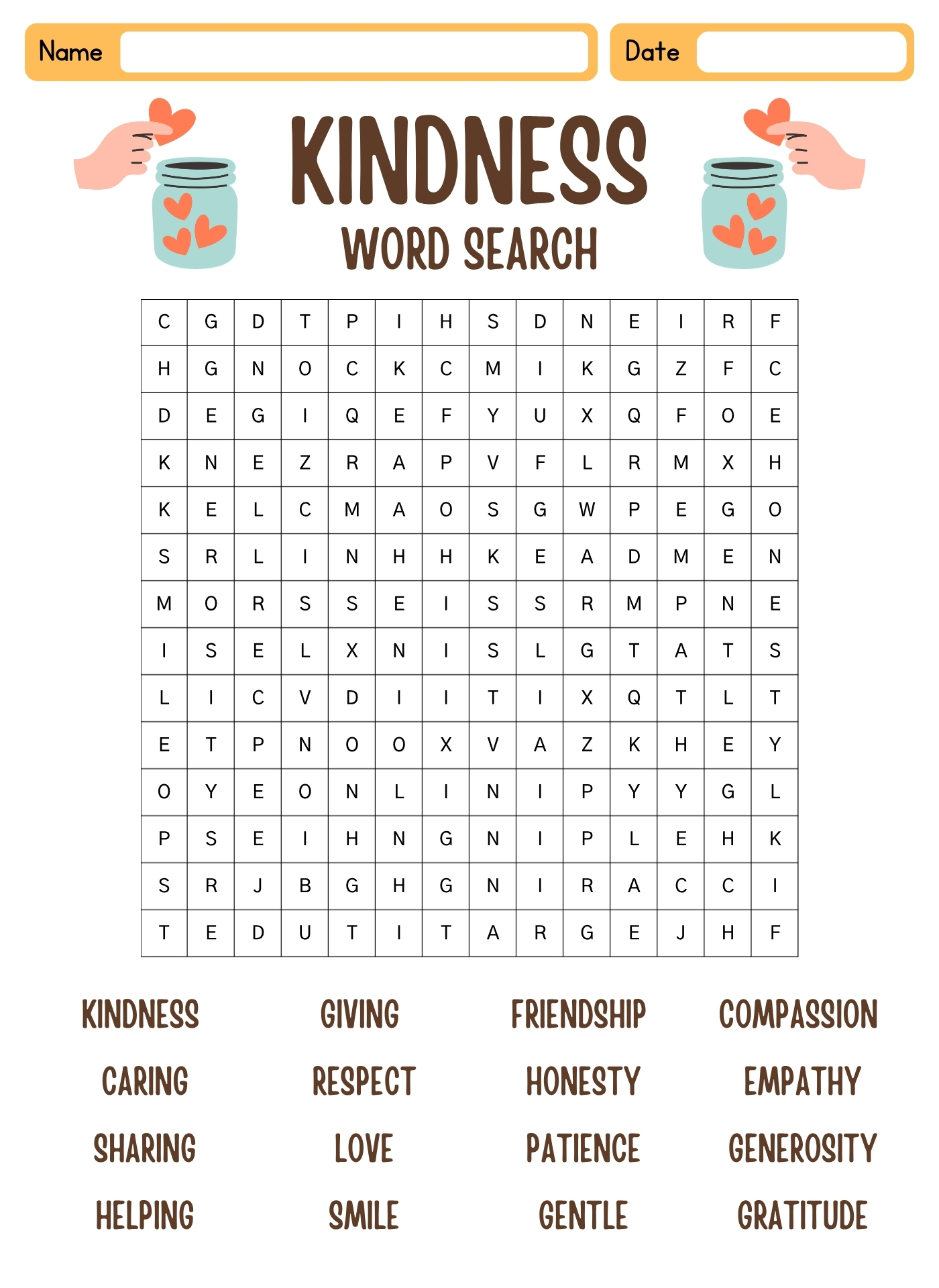 Respect and Kindness Word Search Activities