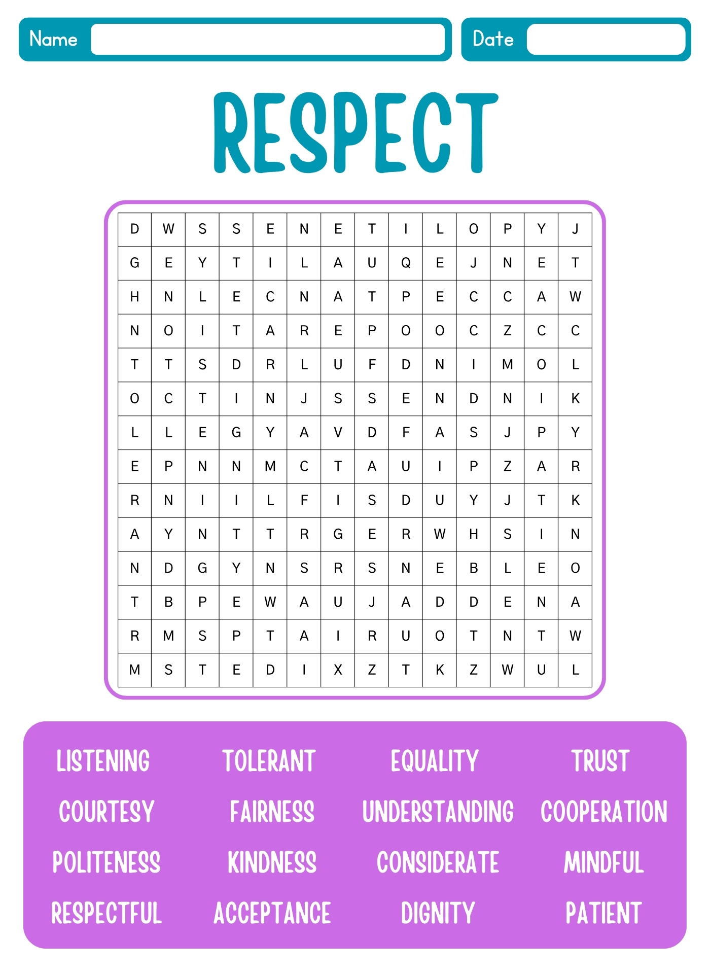 Respect Themed Word Search for Kids