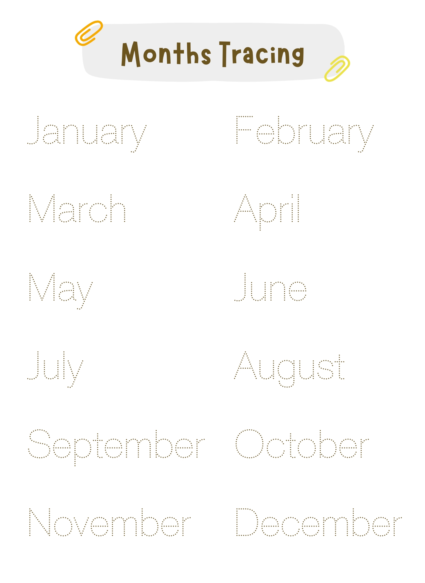 Tracing Calendar Months Printable Activities