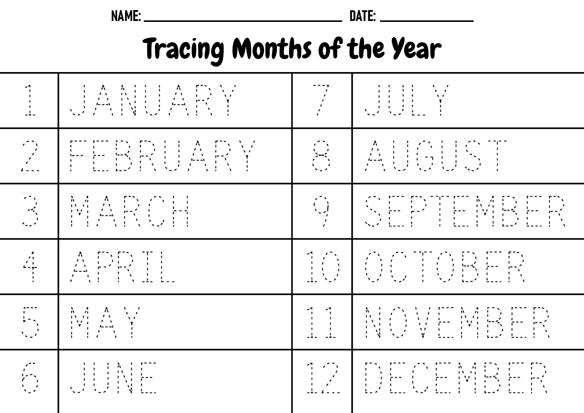 Tracing Months of the Year Worksheets