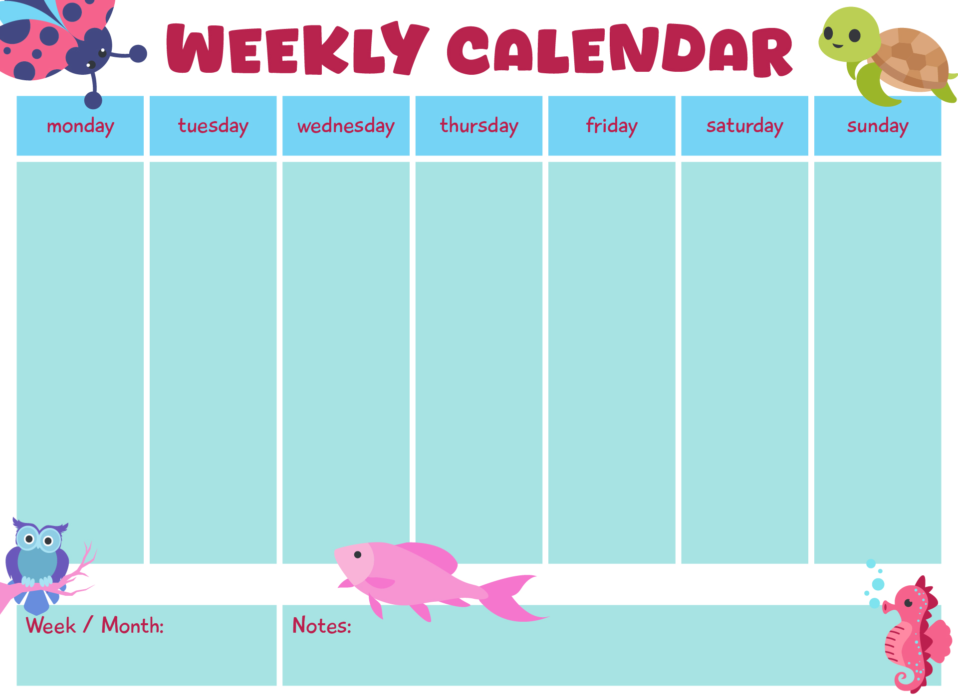 Animal Theme Cute Printable Weekly Calendar Sheets Animal Theme Cute Printable Weekly Calendar Sheets
