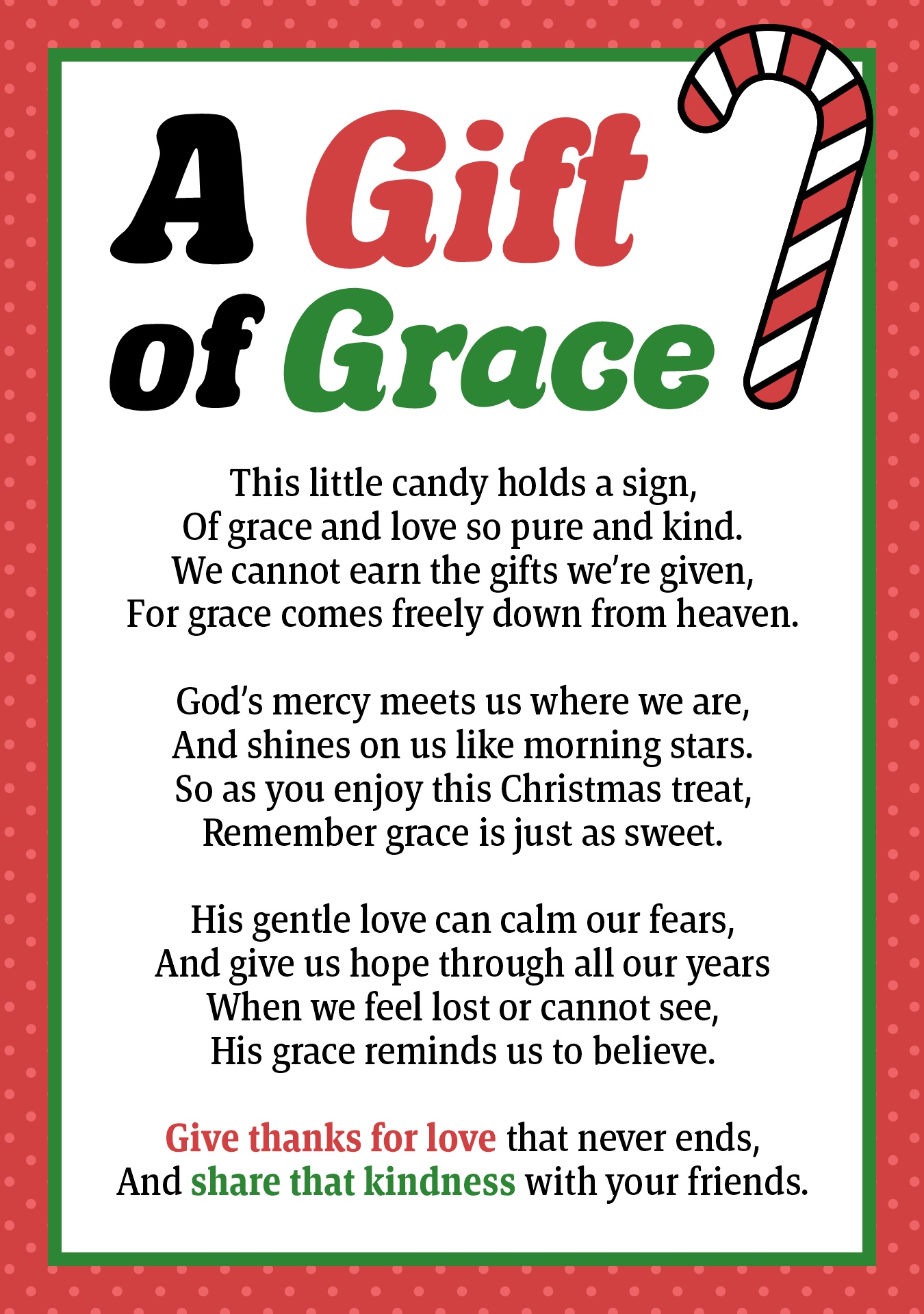 Christian Candy Cane Poem for Christmas Printable