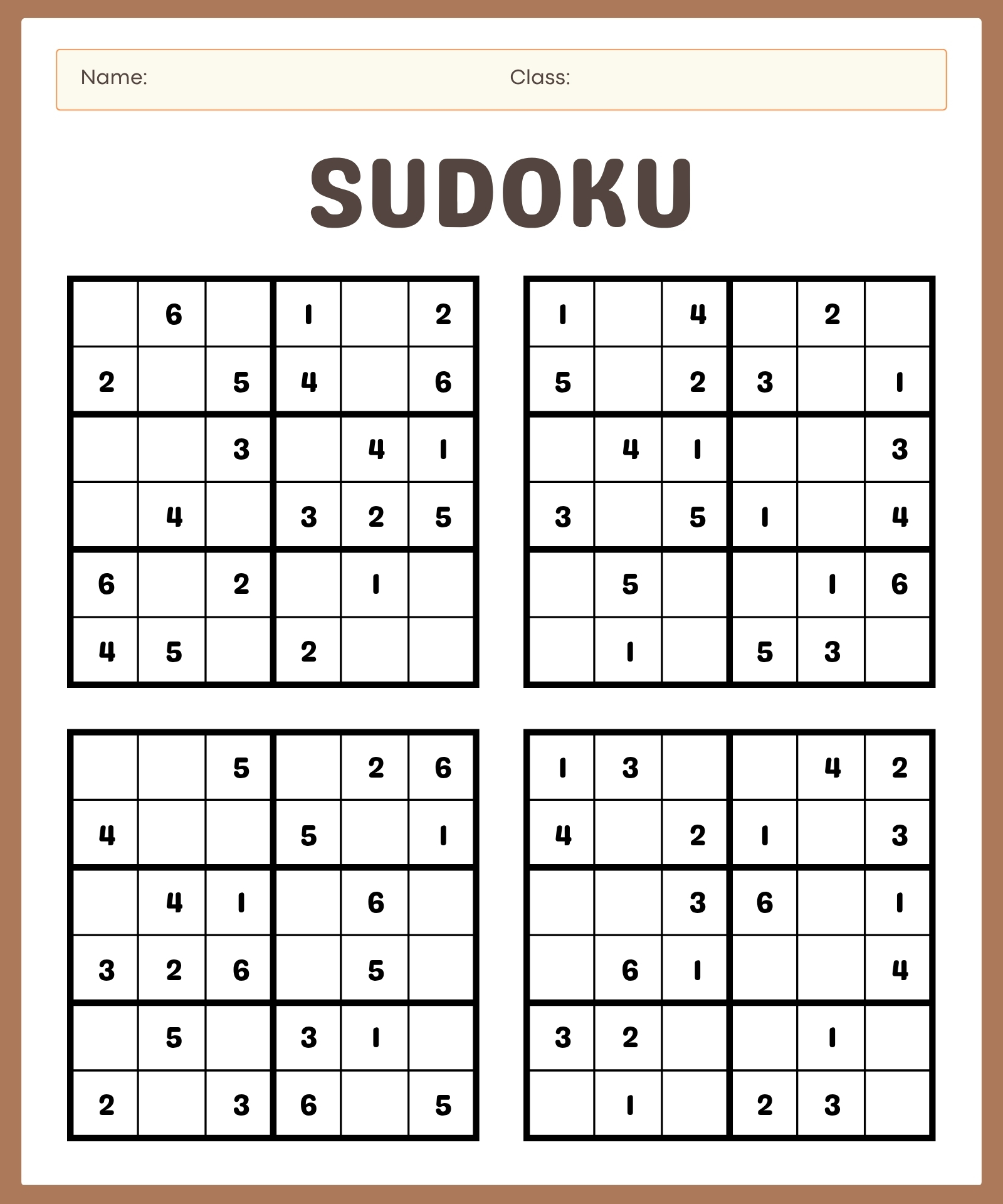 Easy Level 6X6 Sudoku Games for Children Easy Level 6X6 Sudoku Games for Children