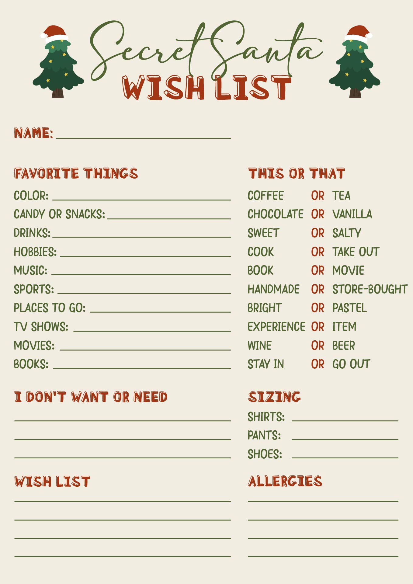 Holiday Secret Santa List Printable