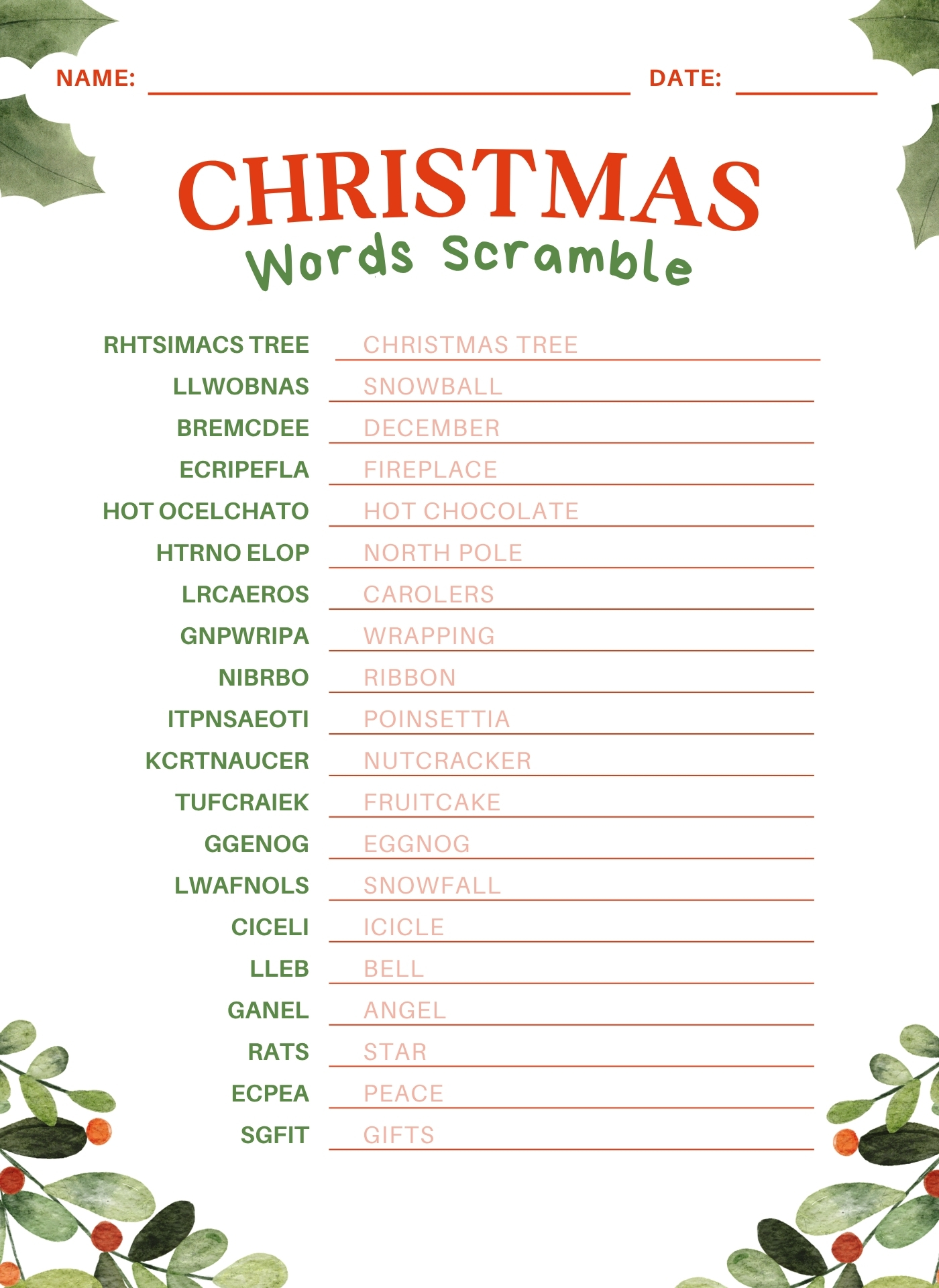 Holiday Word Scramble Answer Page Printable Holiday Word Scramble Answer Page Printable