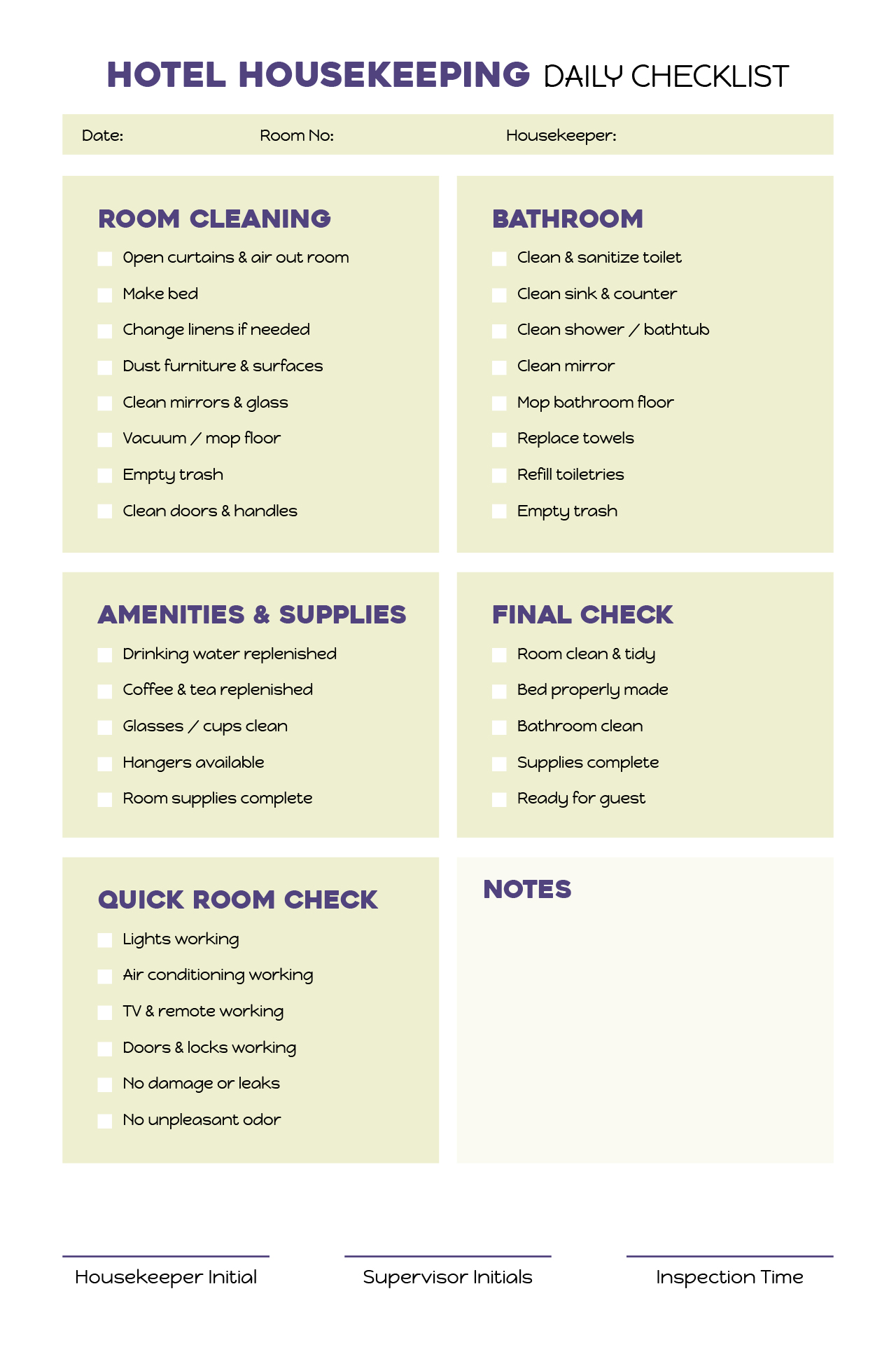 Hotel Housekeeping Daily Checklist Printable Hotel Housekeeping Daily Checklist Printable