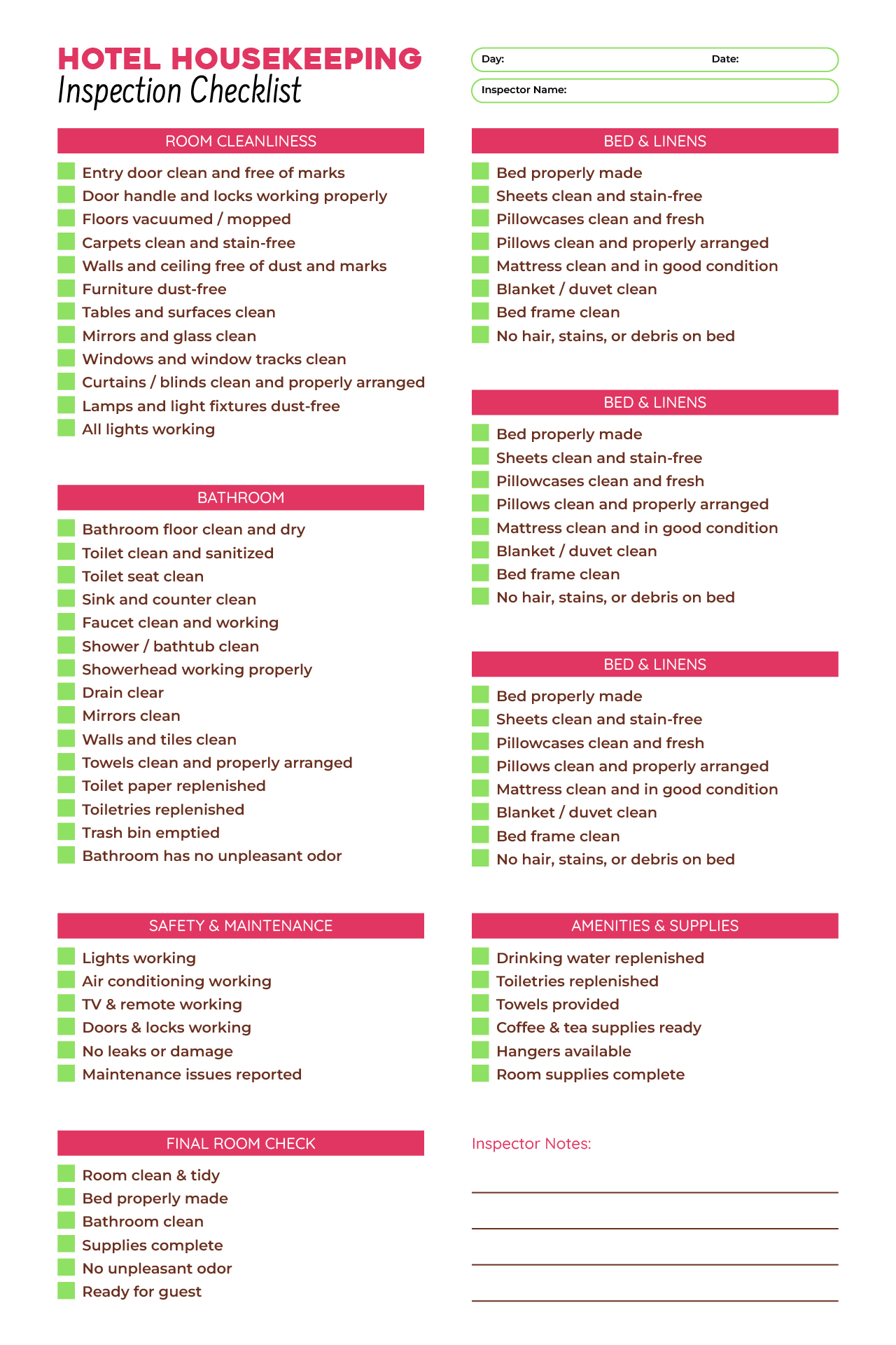 Hotel Housekeeping Inspection Checklist Printable Hotel Housekeeping Inspection Checklist Printable
