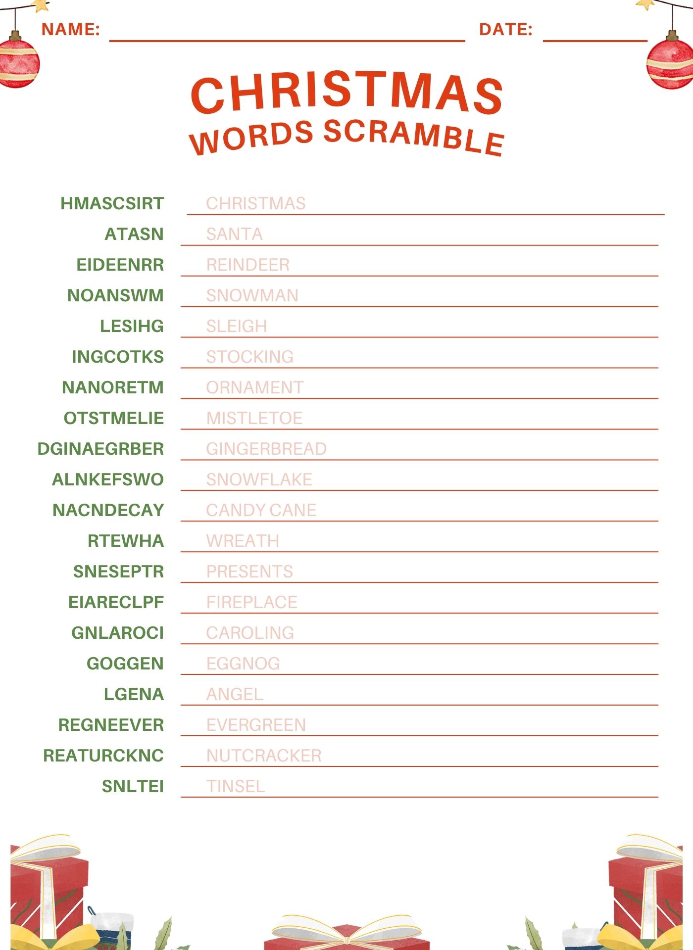 Printable Answer Key for Christmas Word Scramble Printable Answer Key for Christmas Word Scramble