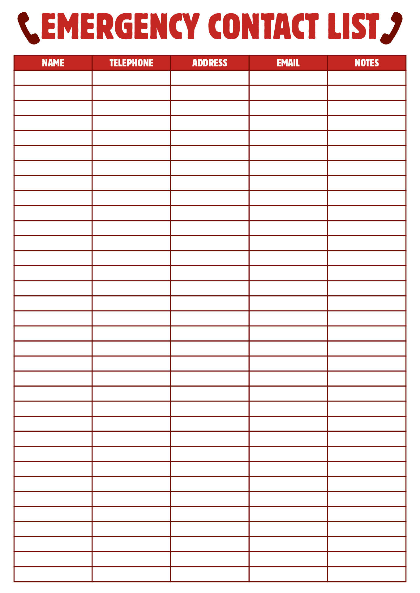 Printable Emergency Phone Contact List Printable Emergency Phone Contact List
