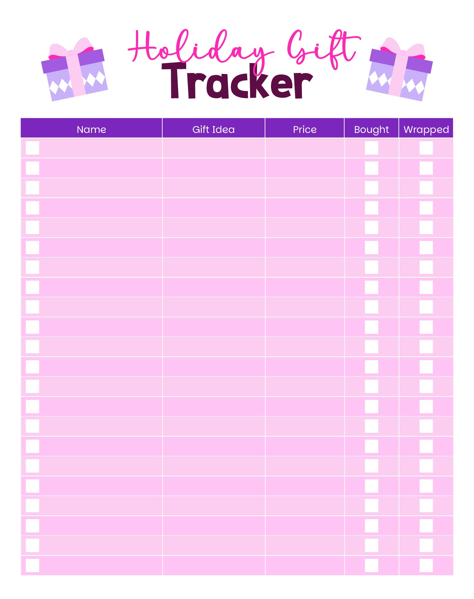 Printable Holiday Gift Tracker List
