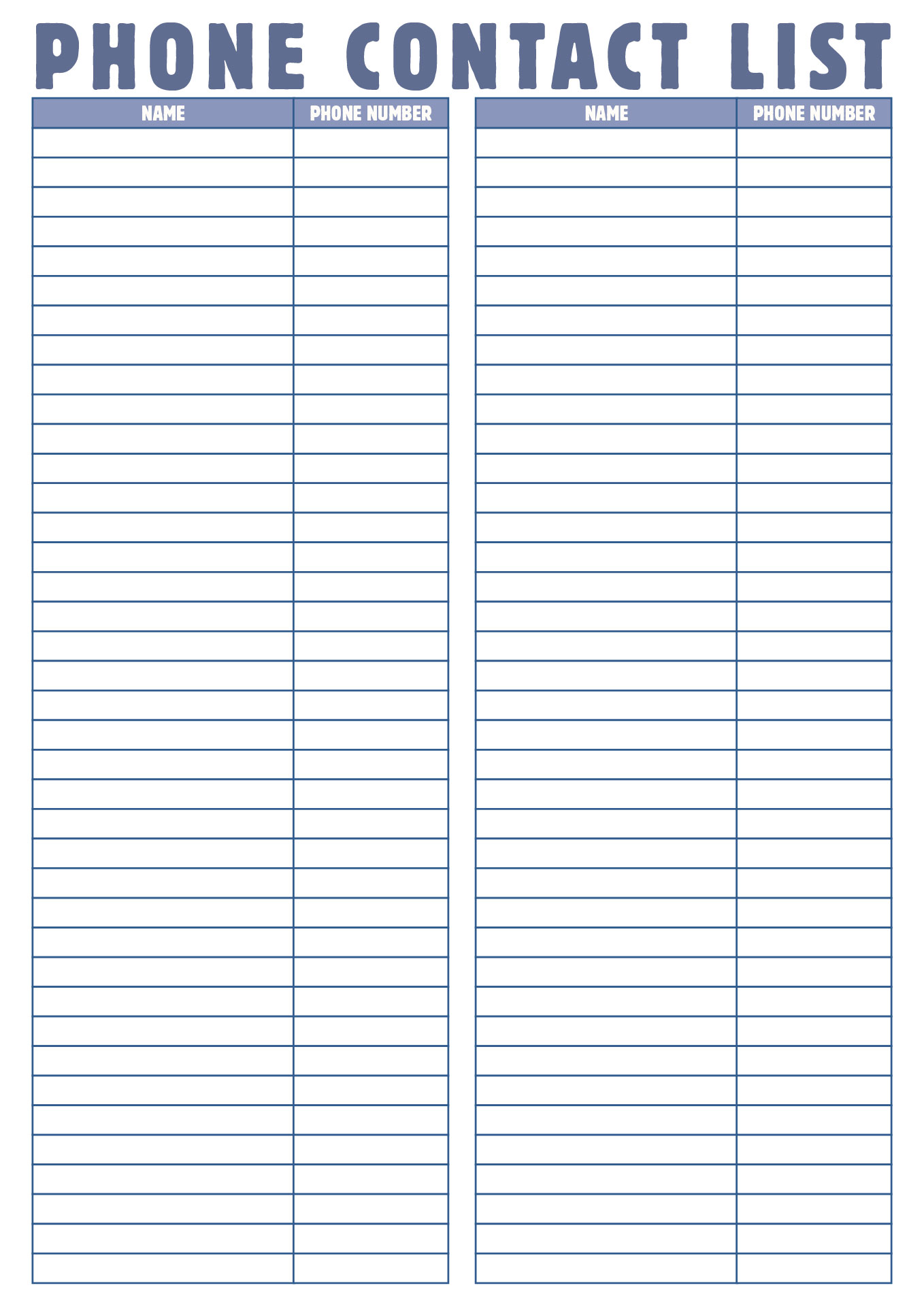 Printable Phone Contact List Organizer Printable Phone Contact List Organizer