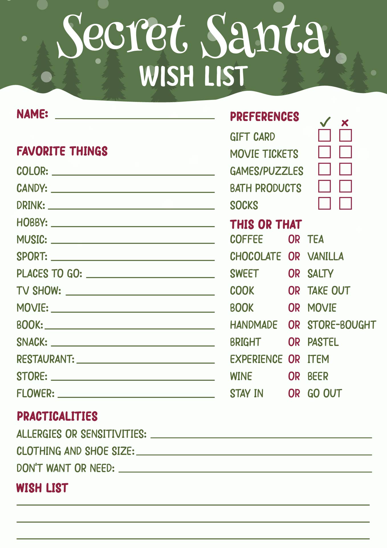 Secret Santa Gift Exchange List Printable
