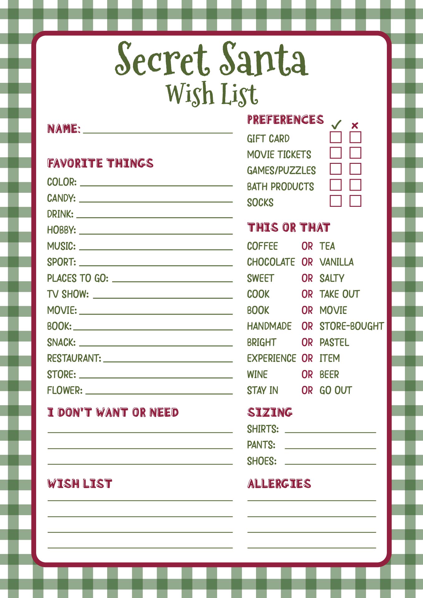 Secret Santa Organizer List Printable