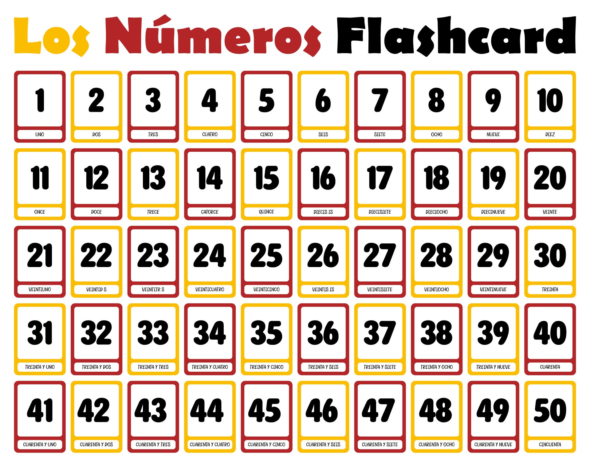 Spanish Numbers 1-50 Printable Flashcards