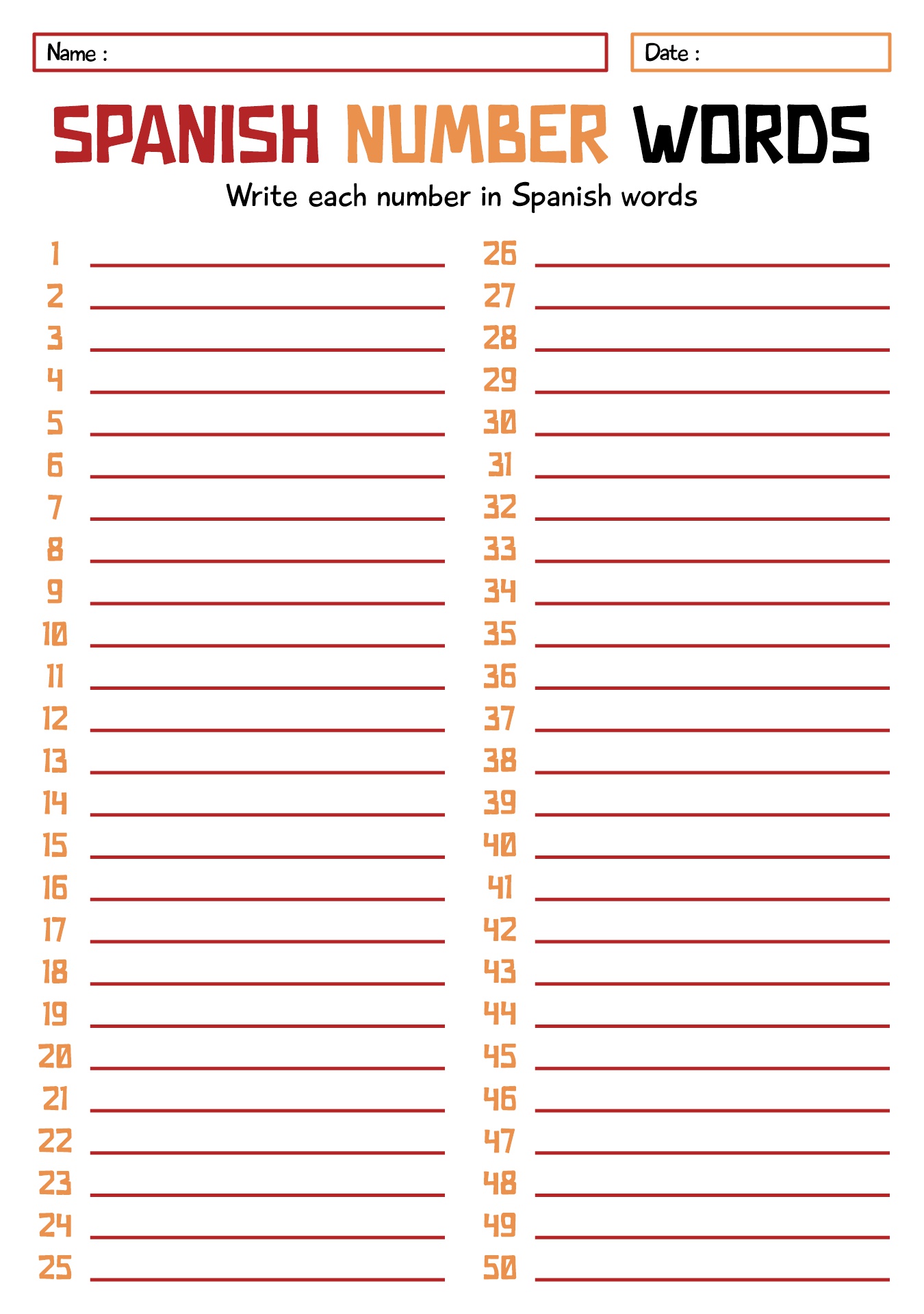Spanish Numbers 1-50 Printable Worksheet