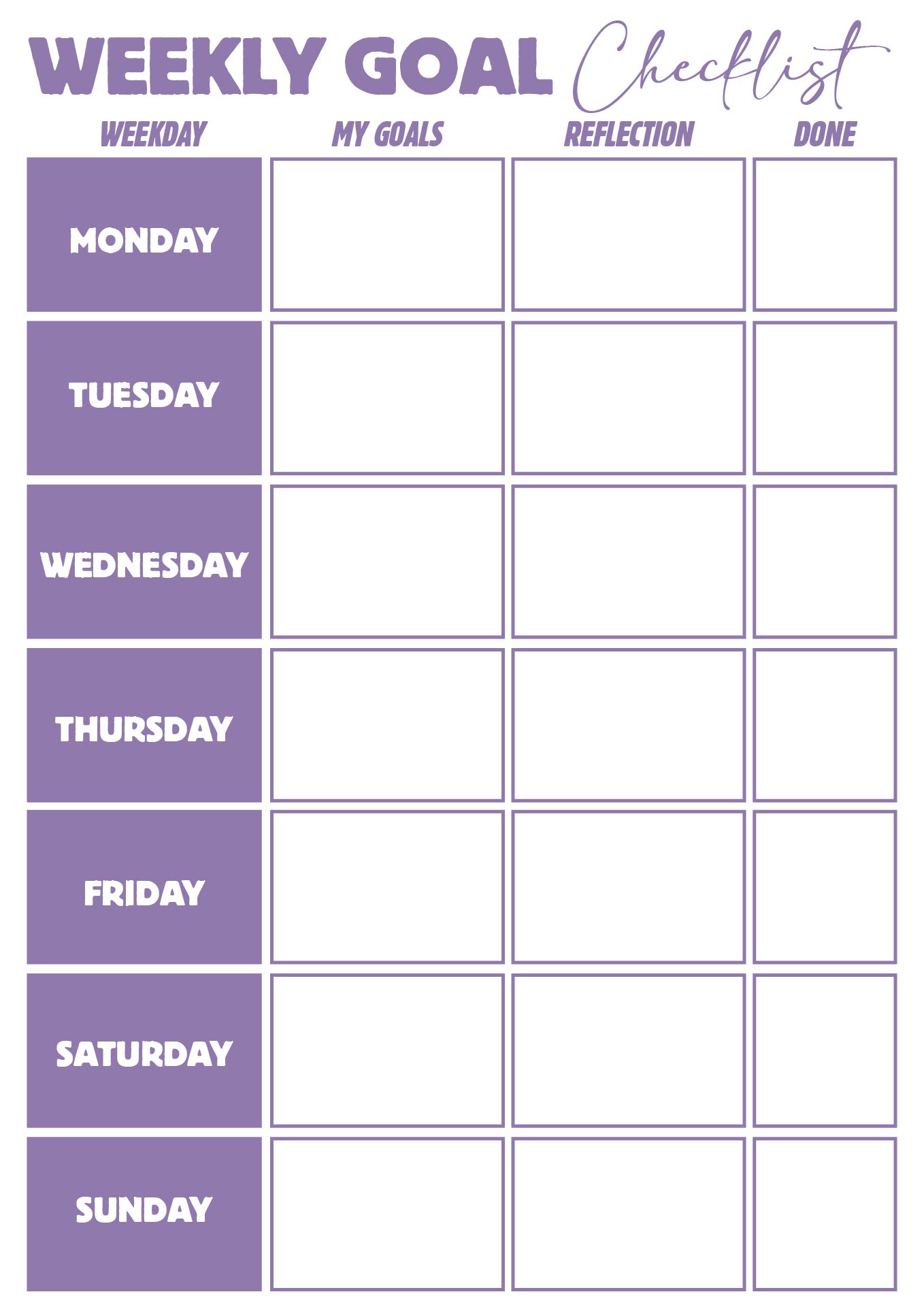 Weekly Goal Checklist Printable Weekly Goal Checklist Printable