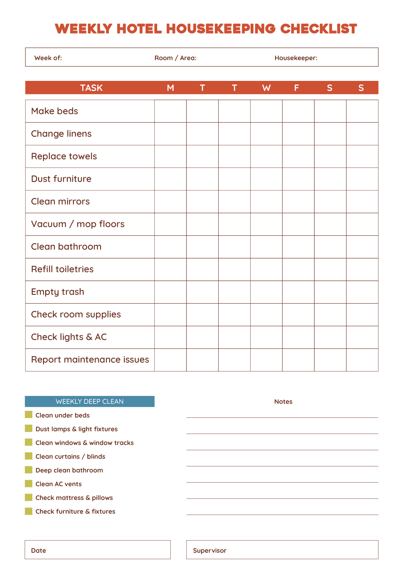 Weekly Hotel Housekeeping Checklist Printable Weekly Hotel Housekeeping Checklist Printable