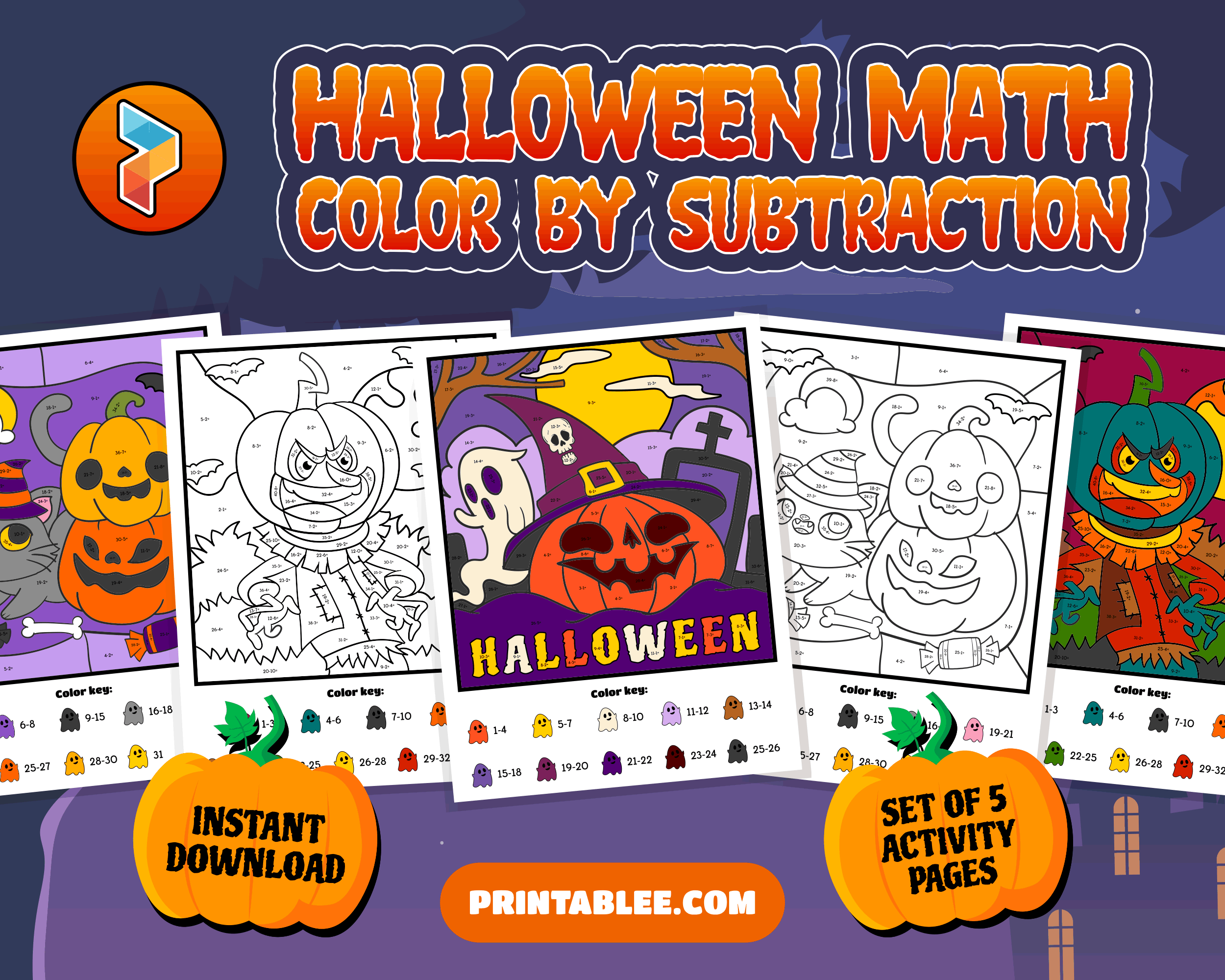 Halloween Color By Number Math Sheets