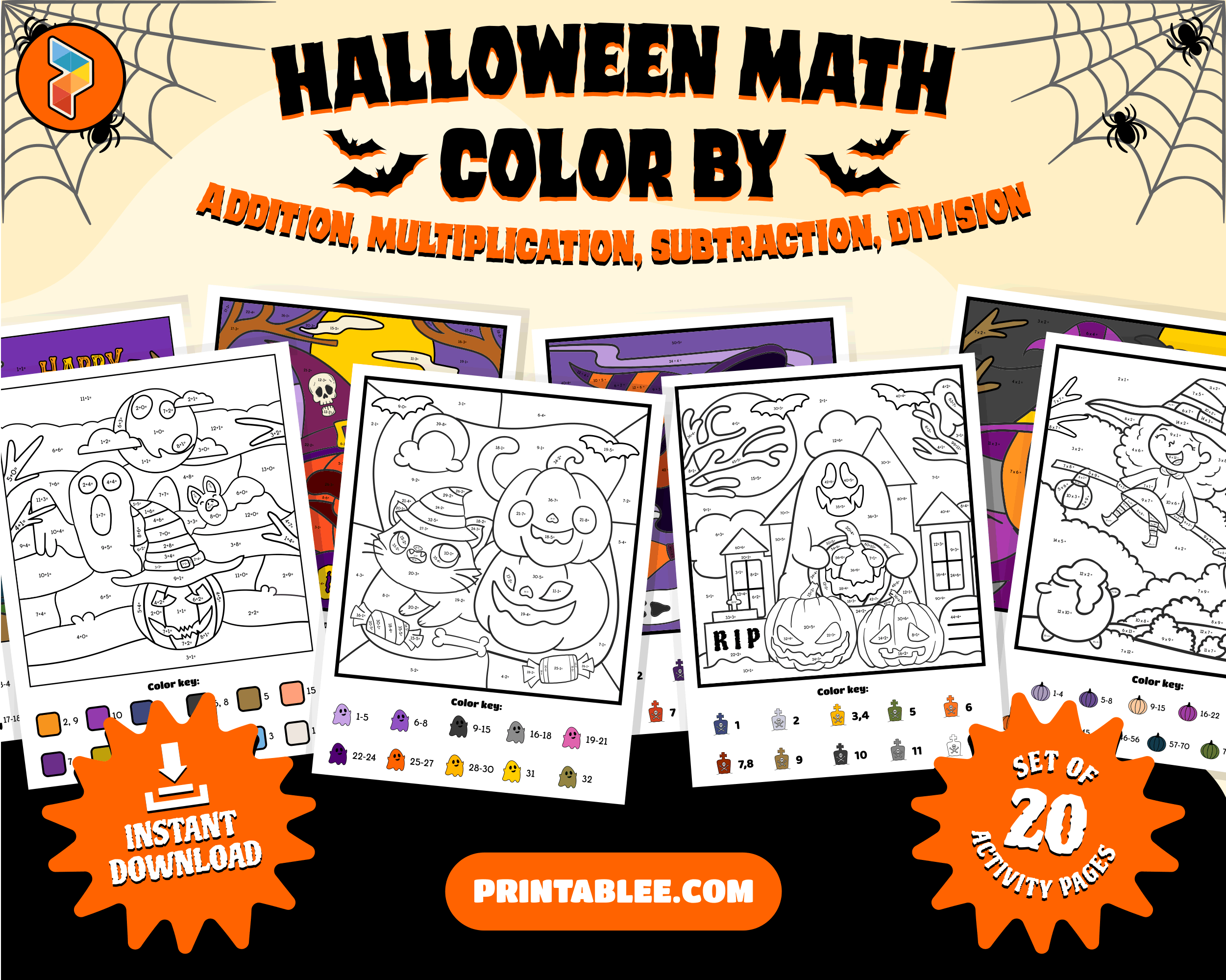 MEGA BUNDLE Halloween Color by Number - Math Coloring Sheet for Kids (20 PAGES)| Color by Addition | Multiplication | Subtraction | Division