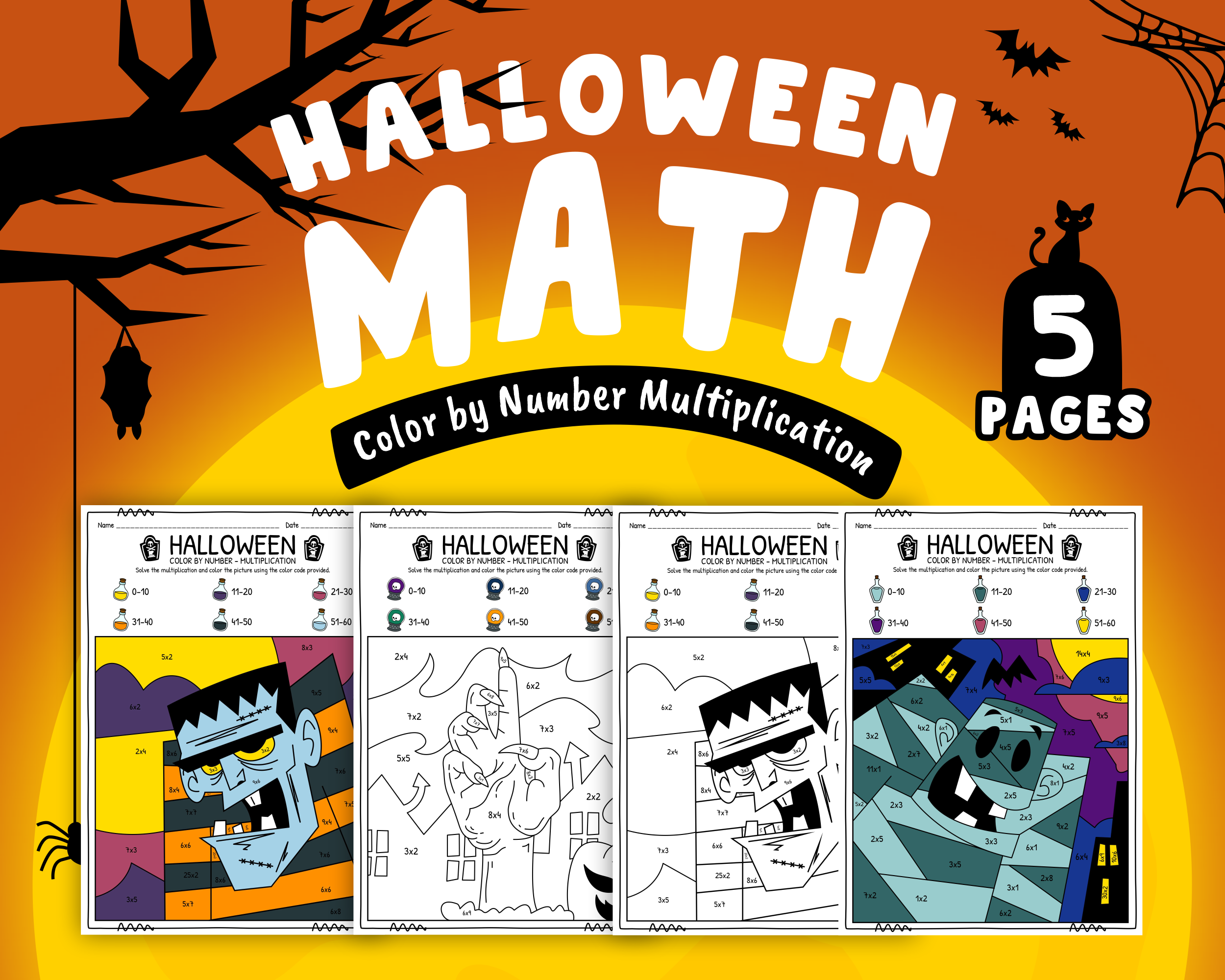 Printable Coloring Pages for Kids Halloween Party Favors - Color by Number (Multiplication)
